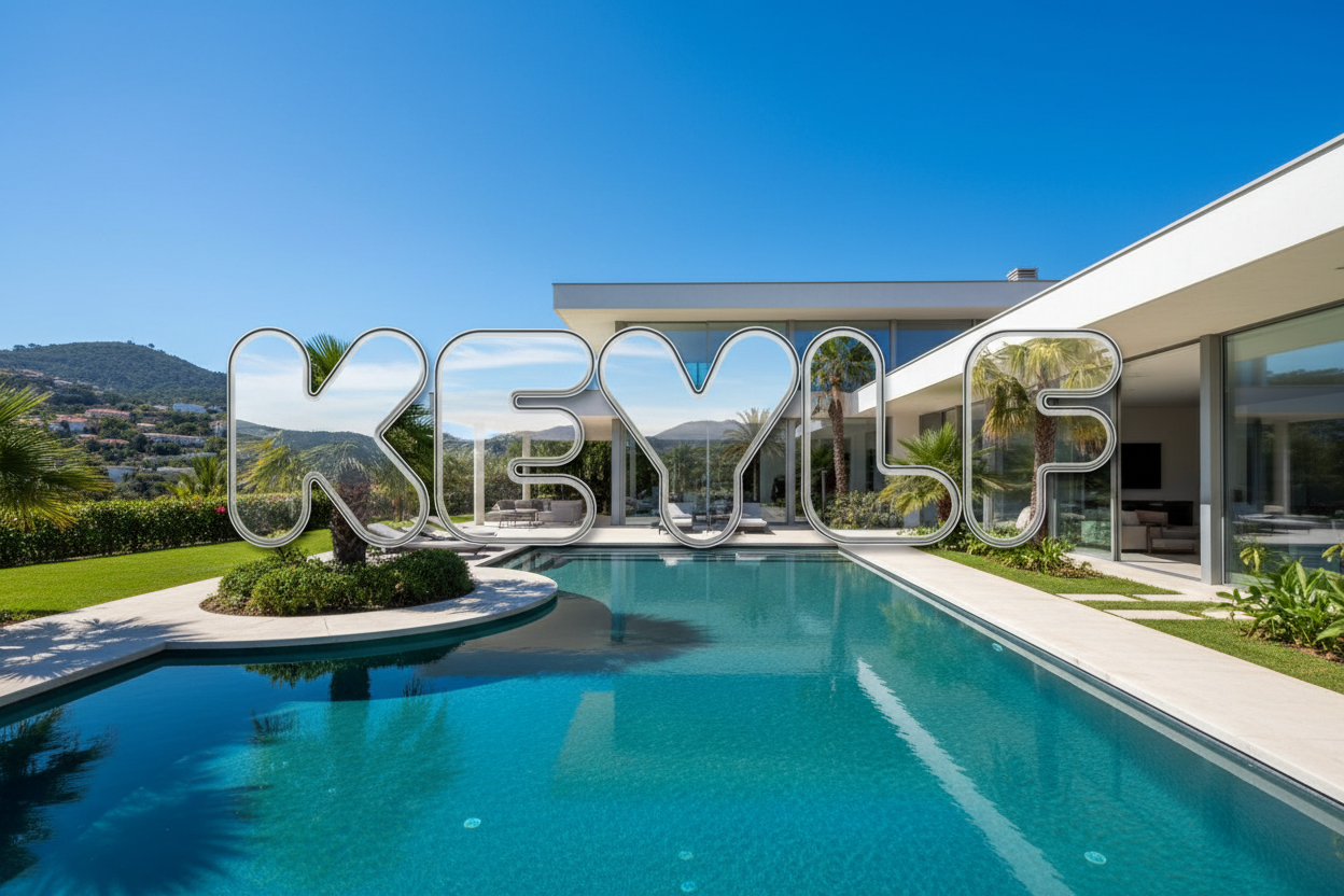 Logo ( KEYLF ) en chrome bubble font arrière plan en fou villa piscine 
